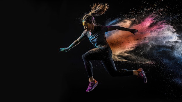 Photo female athlete jumping colored powder