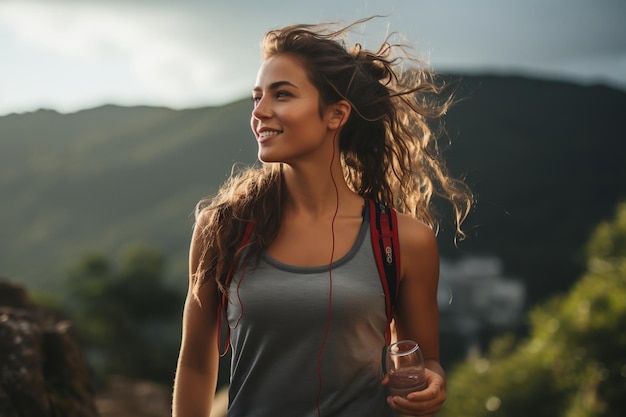 A female athlete pausing outdoors to hydrate during a break Generative Ai