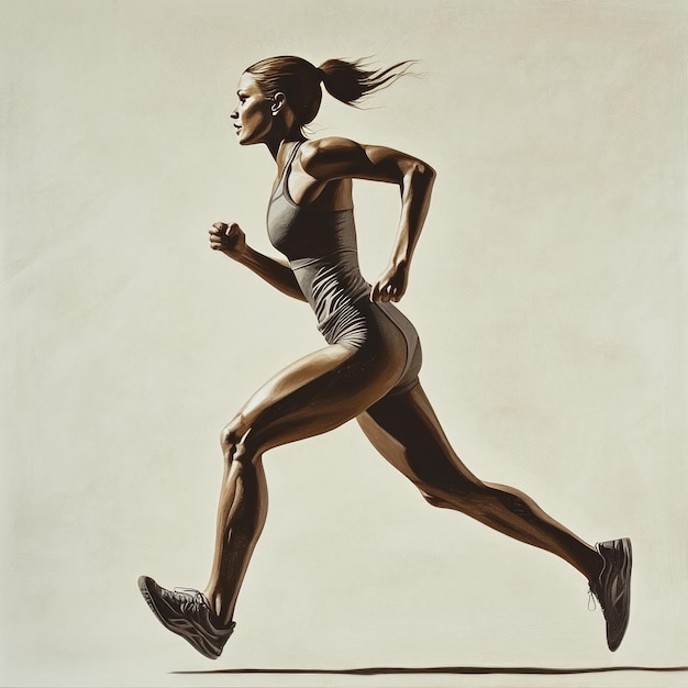 A female athlete runs with determination her muscles defined and powerful