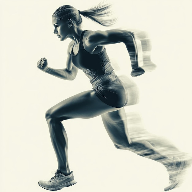 A female athlete runs with her arms outstretched in a motion blur