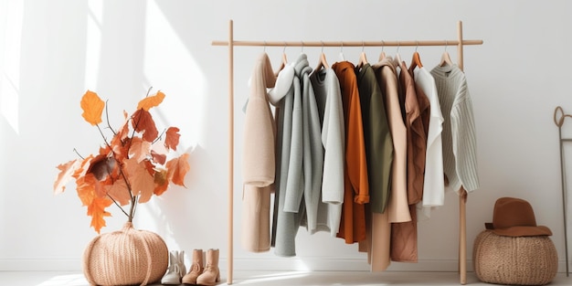 Female autumn clothes on hangers in white room