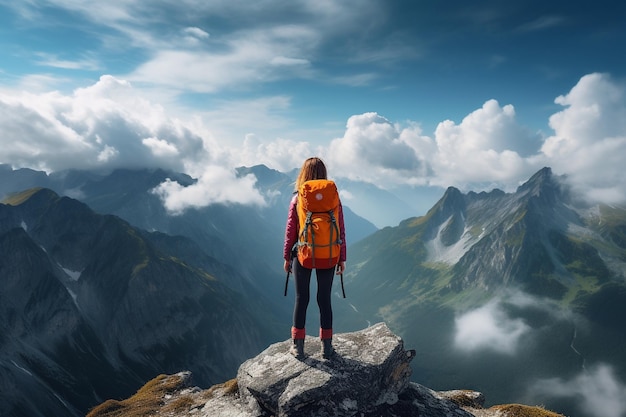 Female backpacker enjoying the view on the edge of a mountain peak cliff