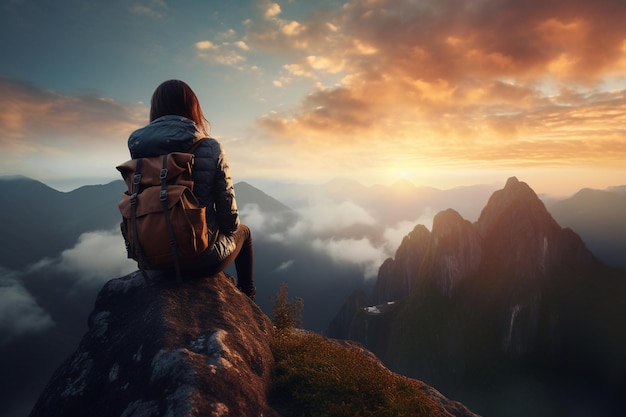 Female backpacker enjoying the view on the edge of a mountain peak cliff