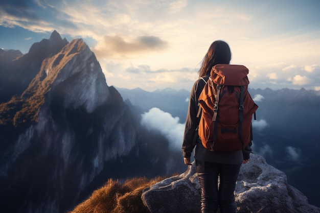 Female backpacker enjoying the view on the edge of a mountain peak cliff