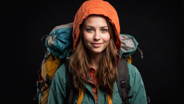 female backpacker isolated on black background