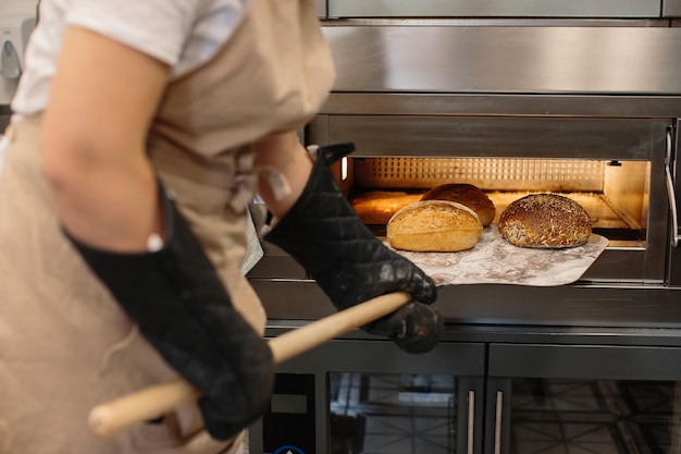 Female baker using a peel to take out a loaf of bread of the oven in a bakery