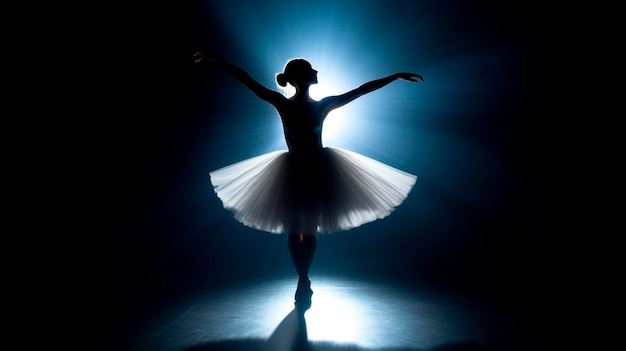 Female ballet dancer silhouette in spotlight beam dark background prima ballerina assoluta dancing on stage of theater Generative AI