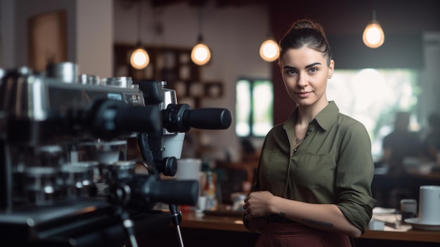 Female barista making coffee or espresso drinks in coffee shop with Generative AI