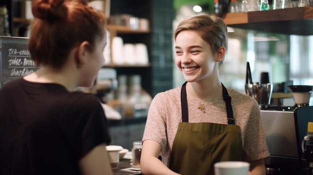 Female barista with a 20 year old customer happy talk in the coffee shop with Generative AI