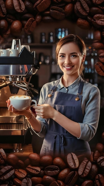 Female barista worker in a coffee shop holding coffee cup