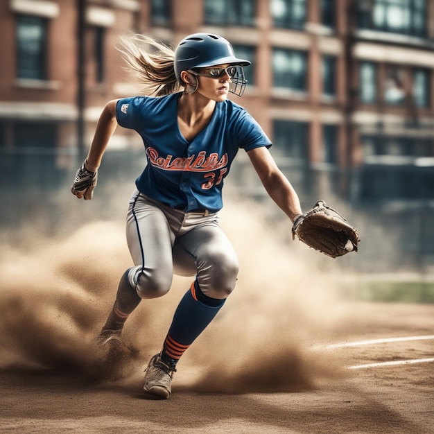 a female baseball player with a blue jersey that says national on the front