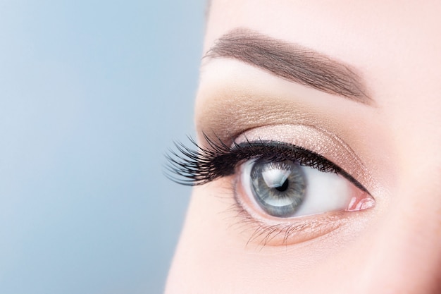 Female blue eye with long eyelashes, beautiful makeup close-up. 