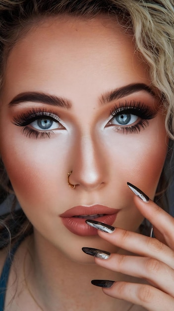 Female blue eyes with makeup and long eyelashes