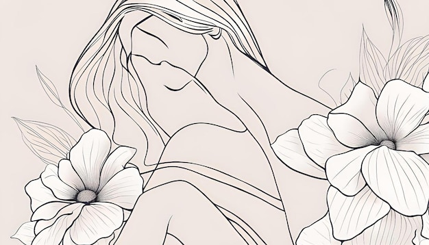 Photo female body and flowers in minimal line art style