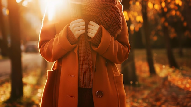 Female body in the orange warm knitting cozy