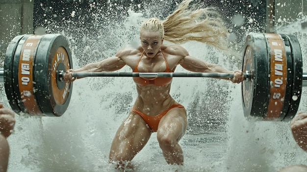 Photo female bodybuilder lifting heavy weights in a competition