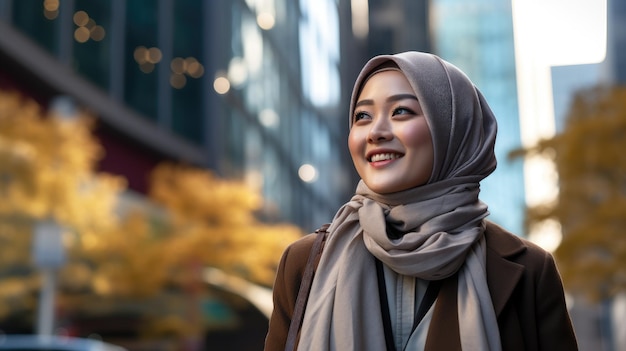 a female boss wearing a hijab in the middle of the city