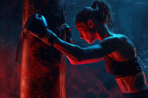 Photo female boxer in boxing gloves kicking a punching bag in red blue neon light over dark background