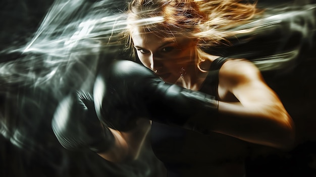 Photo female boxer in dynamic motion throwing a powerful punch with intense focus