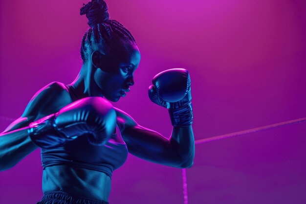 Photo female boxer showcases athleticism against gradient violet background in neon light