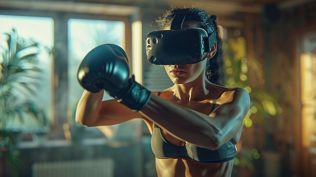 Female Boxer Training With VR Headset at Home Virtual Reality Fitness Warm Lighting AI Generated