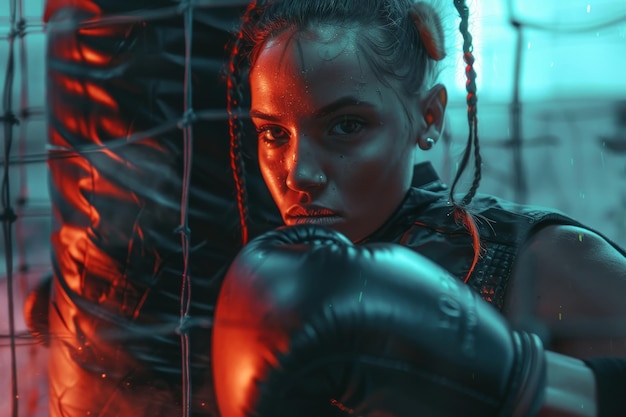 Photo female boxer wearing gloves stands in boxing ring a futuristic portrait of a female boxer training with a punching bag