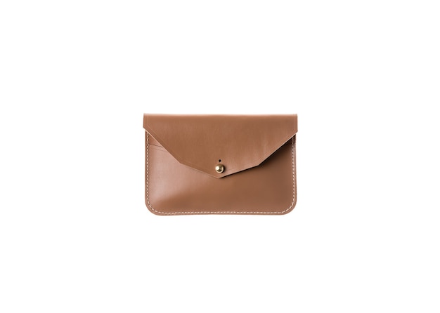 Female brown leather clutch isolated on white background