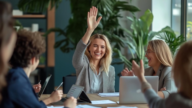 Photo a female business leader giving a high five to her team during a meeting in a boardroom office