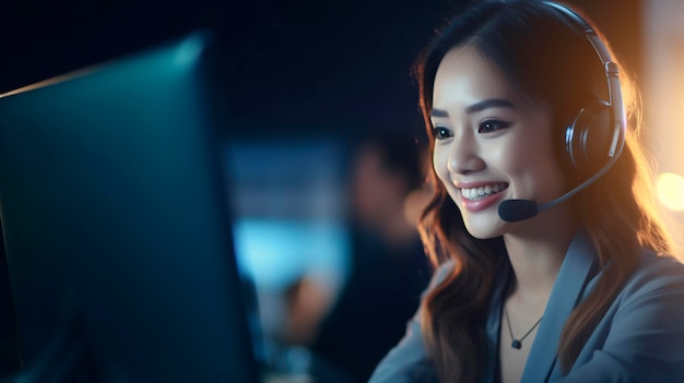 Female call center worker smiling and working answering the call providing service with courtesy