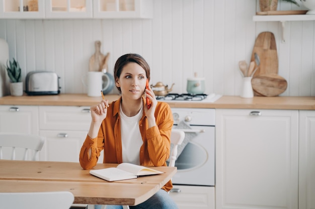 Female calling to customer service by phone sitting in kitchen at home Domestic life remote job