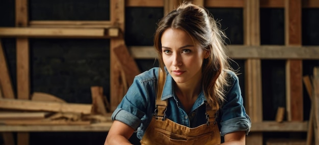 Female carpenter in apron sitting at workplace