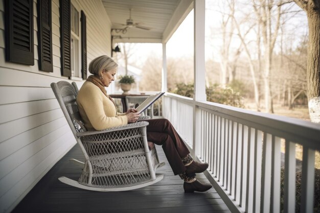 Photo female caucasian senior reading books in front porch casual relaxing generative ai aig23