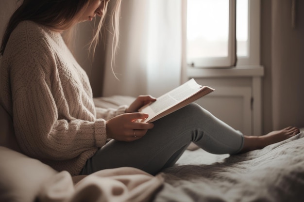 Female Caucasian teenager reading books in bedroom casual relaxing Generative AI AIG23