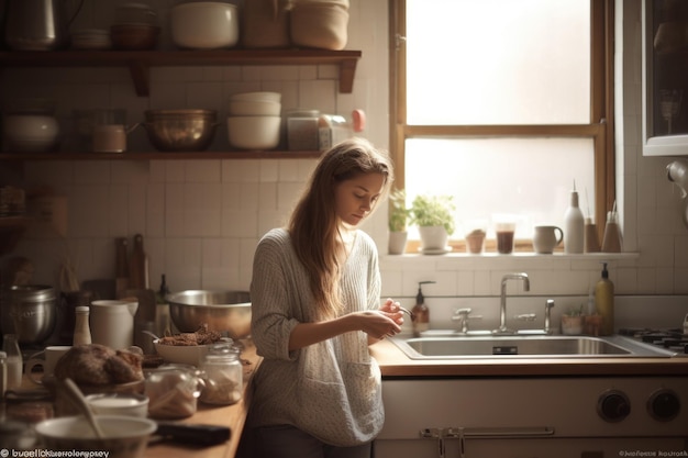 Female Caucasian young cooking in kitchen apron chef attire Generative AI AIG23