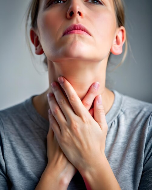 Photo female checking thyroid gland by herself concept of sore throat pharyngitis laryngitis choking