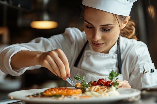 female chef decorating a meal in the kitchen background brown expert culinary presentation ar 32 stylize 250 v 61 Job ID 3d8f19c3754149f3802cb91edcc9de2c