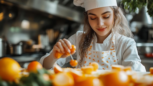 Photo female chef decorating a meal in the kitchen background orange expert culinary presentation ar 169 s