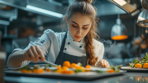 female chef decorating a meal in the kitchen background orange expert culinary presentation ar 169 stylize 250 v 61 Job ID 77fb462279a047099f57a3ad5bf90055