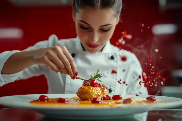 Photo female chef decorating a meal in the kitchen red background expert culinary presentation ar 32 styli