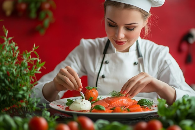 female chef decorating a meal in the kitchen red background expert culinary presentation ar 32 stylize 250 v 61 Job ID b1481e62f01142c880c5ab7445f48c79