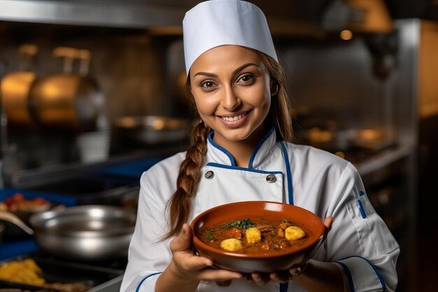 Female chef holding curry on Dart Background