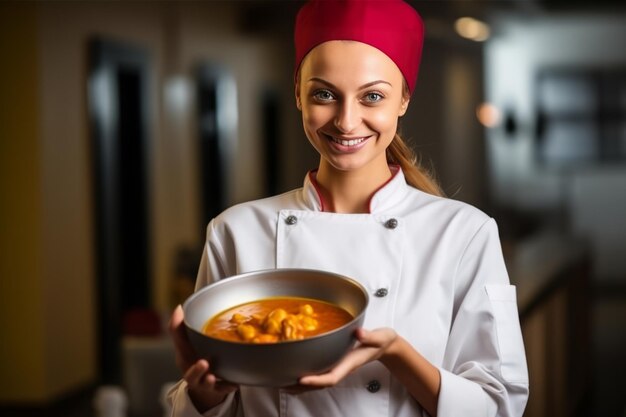 Female chef holding curry on Dart Background