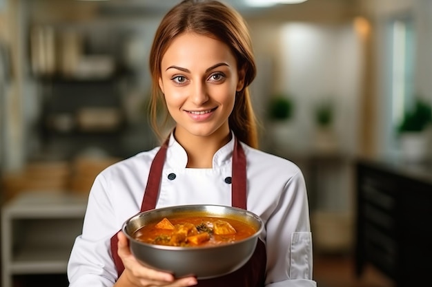 Female chef holding curry on Dart Background