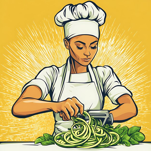 Photo female chef preparing zucchini noodles