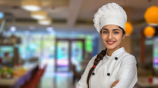 a female chef smiling in front of a kitchen counter with a light on the background