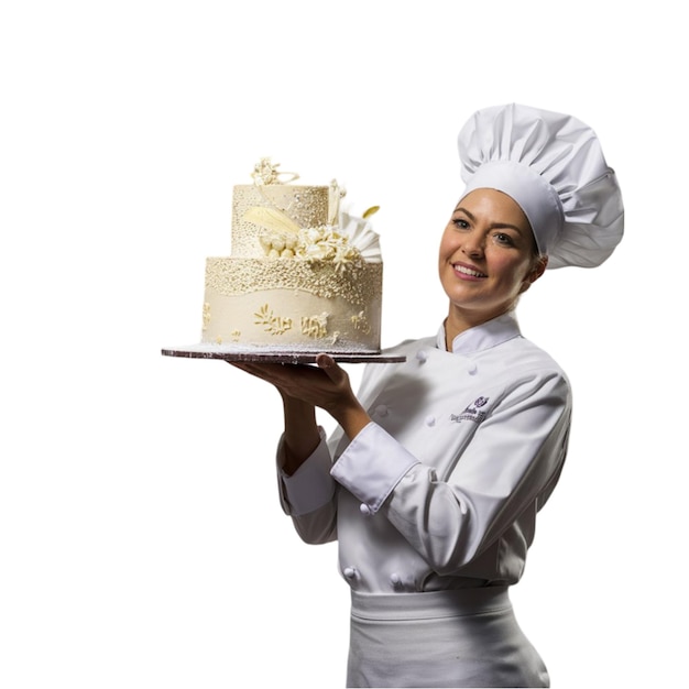 Female chef in a uniform holding a plate of CAKA isolated on white background