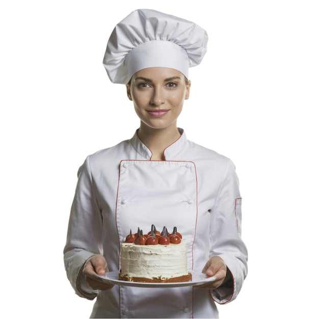 Female chef in a uniform holding a plate of CAKA isolated on white background