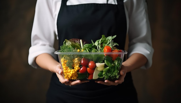 female chef in uniform with plastic container holding a salad