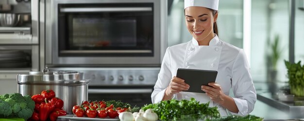 Photo a female chef using a tablet in the kitchen smiling