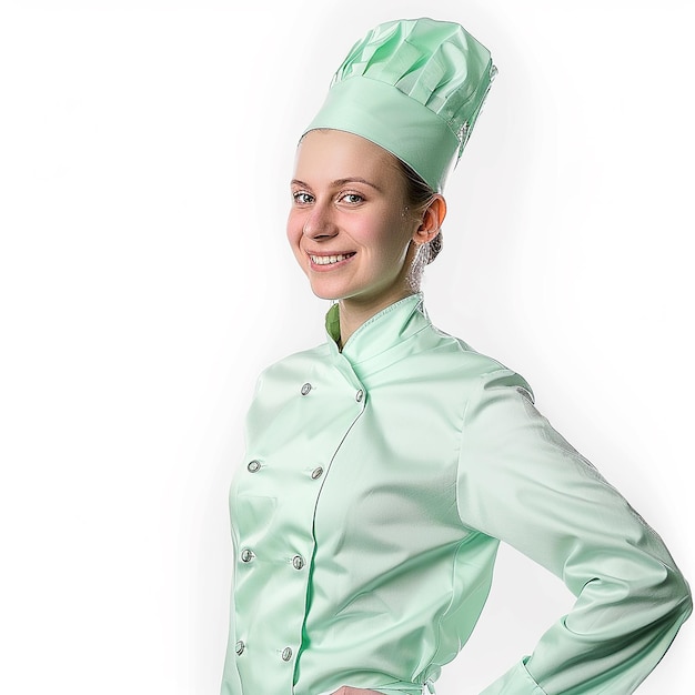 Photo female chef wearing light green color suit isolated on a white background